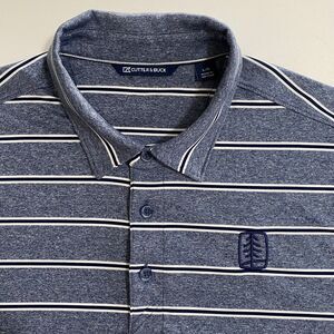 Cutter & Buck Men's L Polo Golf Shirt Striped‎ Blue White Short Sleeve Pine Tree